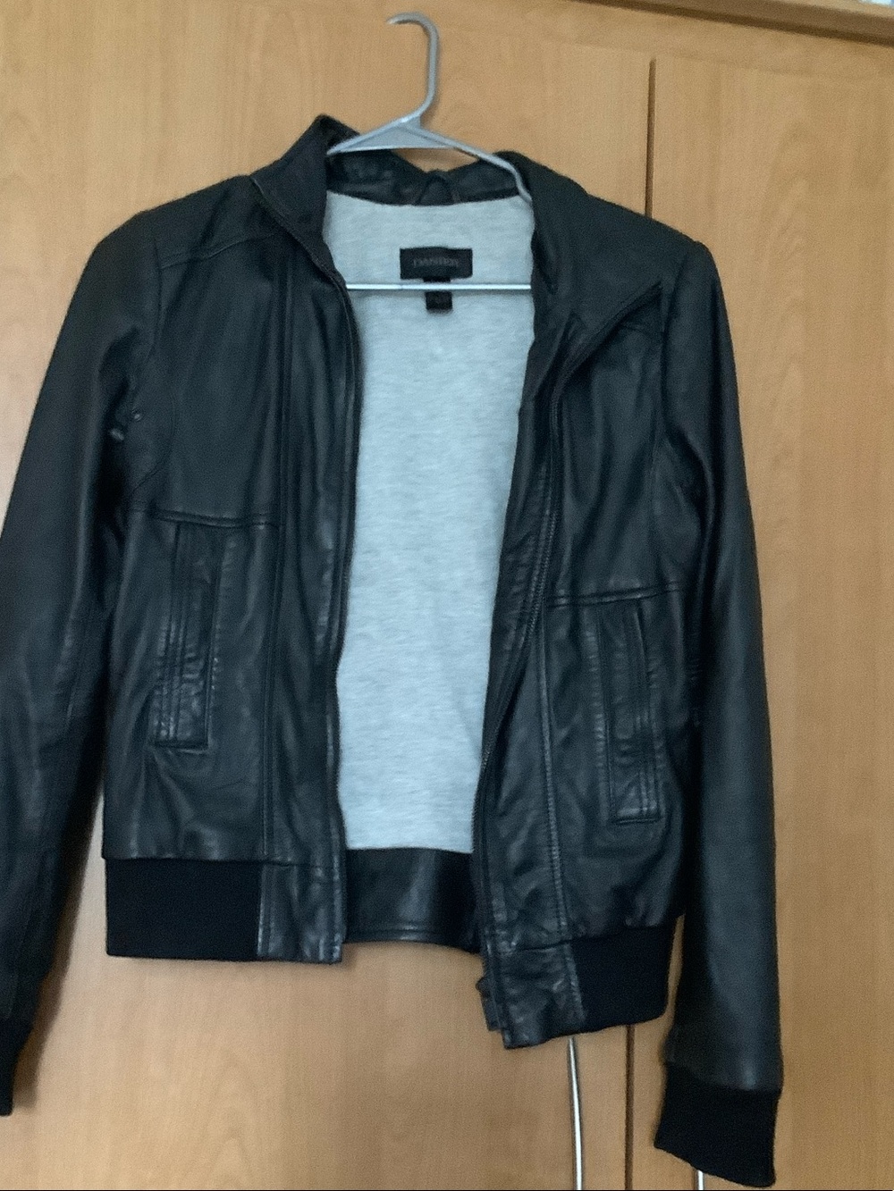 Danier Black Leather Bomber Jacket with Ribbed Trim